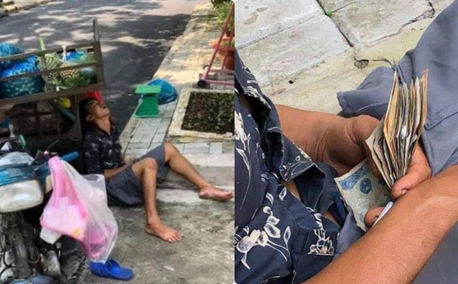 Xót xa hình ảnh người đàn ông ngủ gục bên lề đường, tay vẫn cầm xấp tiền lẻ