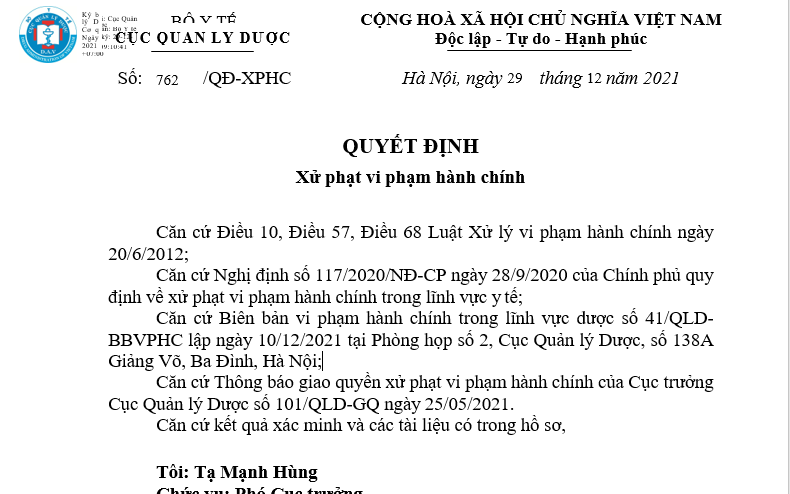 Công ty cổ phần Tada Pharma bị xử phạt 200 triệu đồng vì không kê khai giá thuốc 