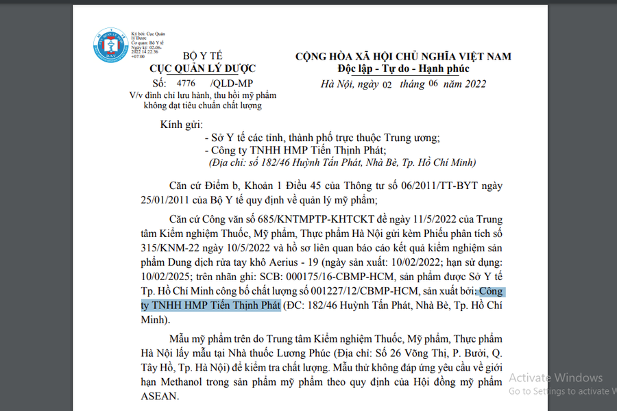 Dung dịch rửa tay khô Aerius – 19 bị thu hồi do không đảm bảo chất lượng