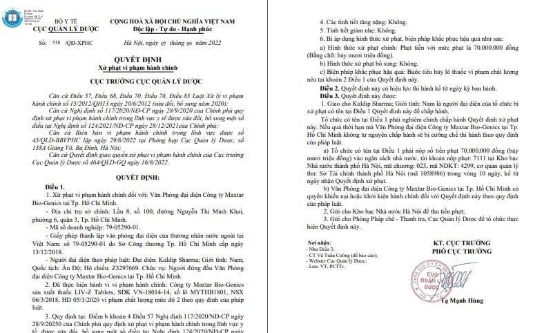 Công ty Maxtar Bio-Genics bị phạt 70 triệu đồng vì sản xuất thuốc không đảm bảo chất lượng