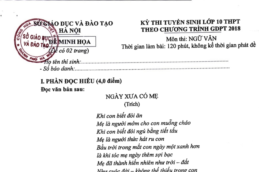 Hà Nội: Đề thi minh họa môn Ngữ văn vào lớp 10 theo chương trình mới