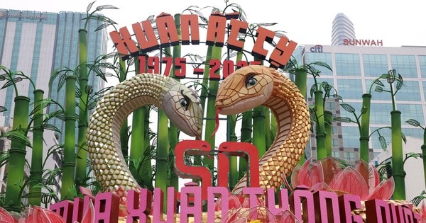 Người dân mê mẩn check-in đôi linh vật rắn 'khủng' ở đường hoa Nguyễn Huệ