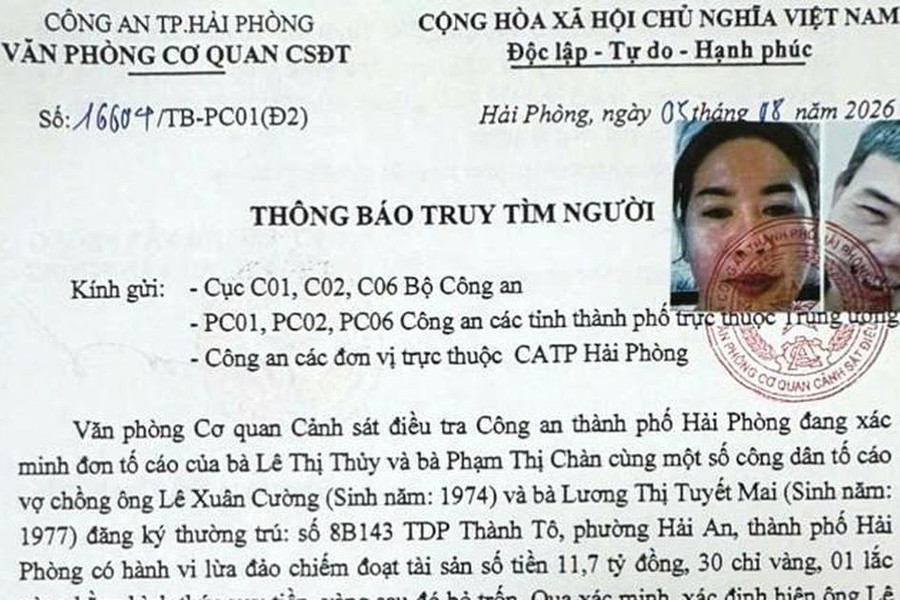 Truy tìm cặp vợ chồng Hải Phòng lừa hàng chục tỷ đồng bỏ trốn