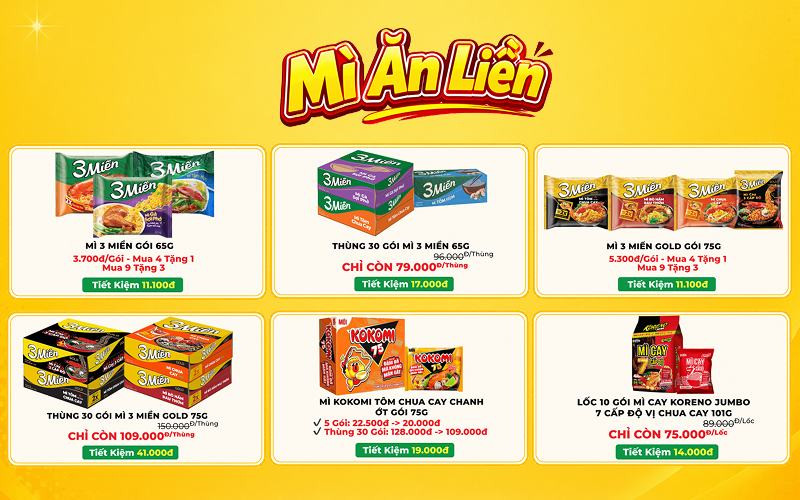 Bách hóa XANH ưu đãi mì gói tháng 8: Thùng 3 Miền Gold giảm đến 41.000 đồng