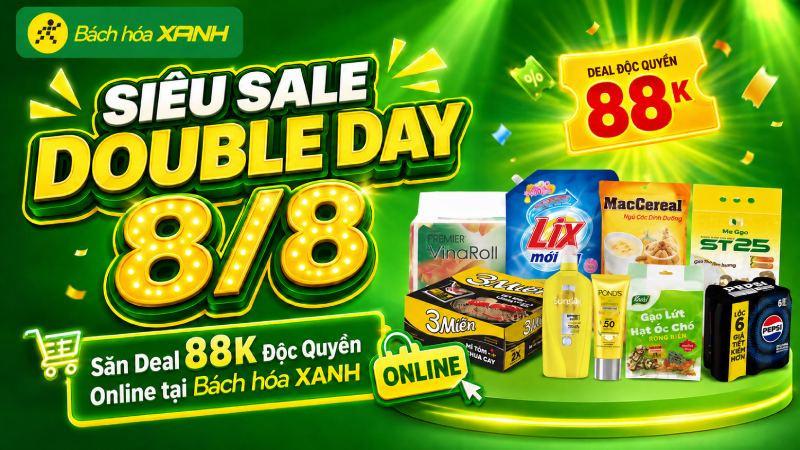 Cách săn deal đồng giá 88K siêu tiết kiệm đợt Double Day 8/8 trên Bách hóa XANH