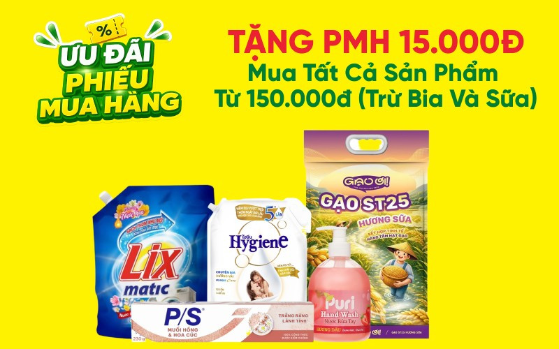 Cách nhận phiếu mua hàng 15.000 đồng cho đơn từ 150.000 đồng khi mua online Bách hóa XANH